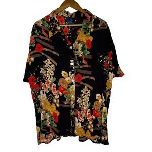 Rag Women's Blouse 22W Black Floral Button-Down Short Sleeve Hawaiian Style